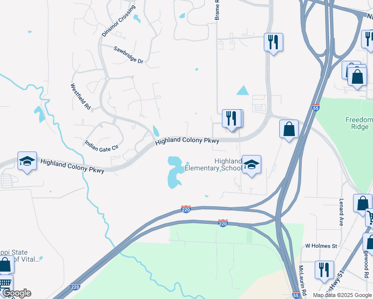 map of restaurants, bars, coffee shops, grocery stores, and more near 638 Highland Colony Parkway in Ridgeland