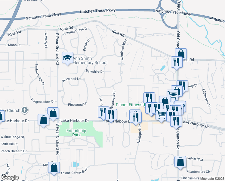 map of restaurants, bars, coffee shops, grocery stores, and more near 630 Wendover Drive in Ridgeland