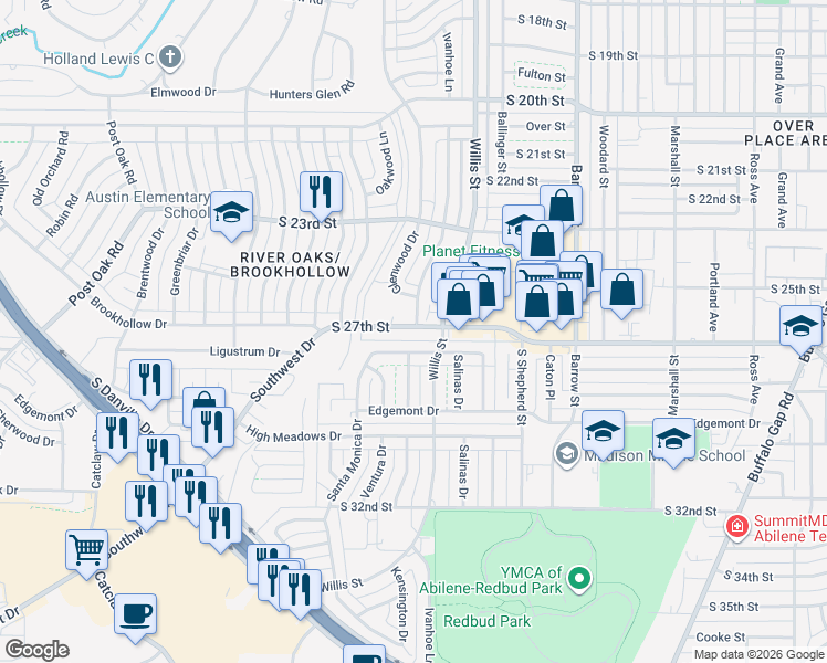 map of restaurants, bars, coffee shops, grocery stores, and more near 3349 South 27th Street in Abilene