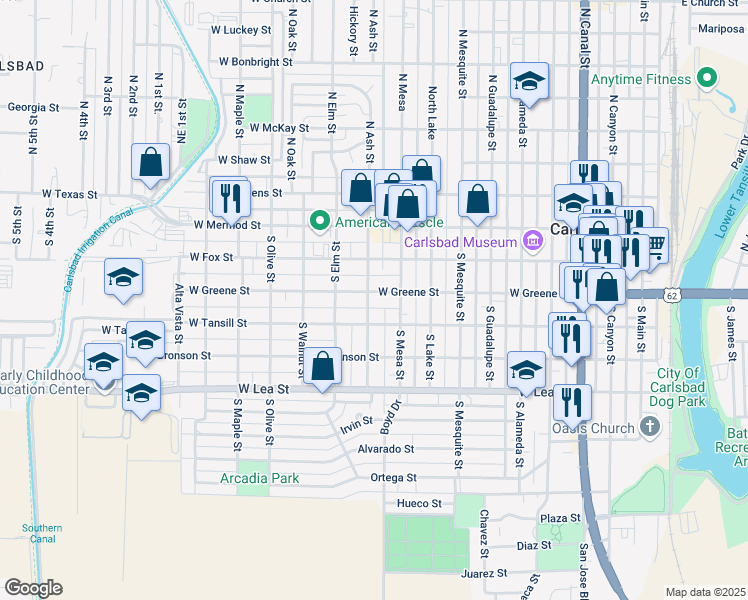 map of restaurants, bars, coffee shops, grocery stores, and more near 911 West Greene Street in Carlsbad