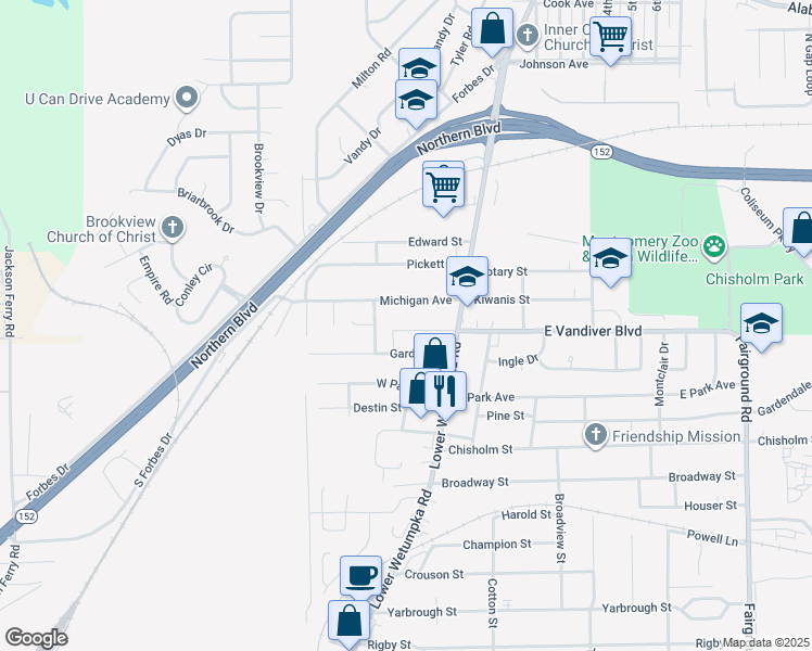 map of restaurants, bars, coffee shops, grocery stores, and more near 48 West Vandiver Boulevard in Montgomery