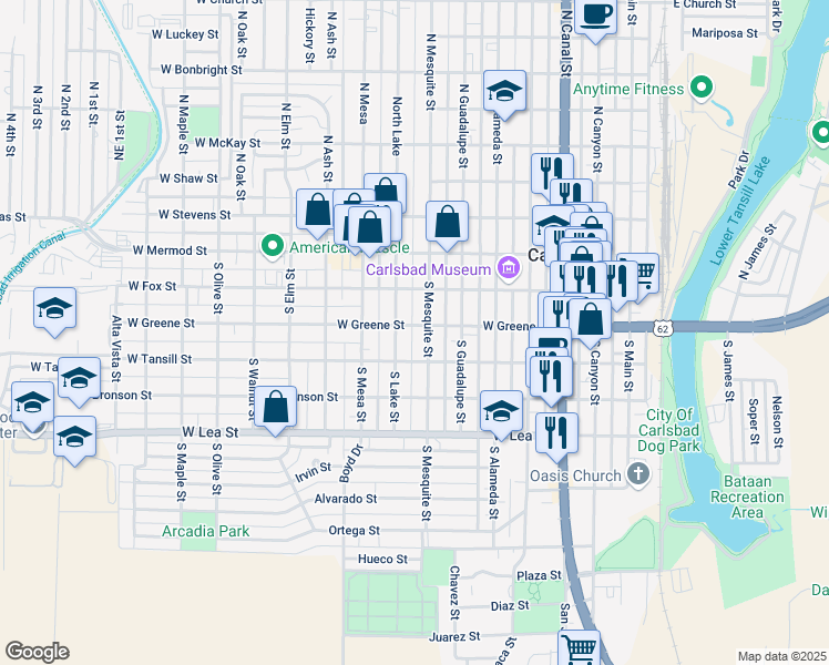 map of restaurants, bars, coffee shops, grocery stores, and more near 705 West Greene Street in Carlsbad