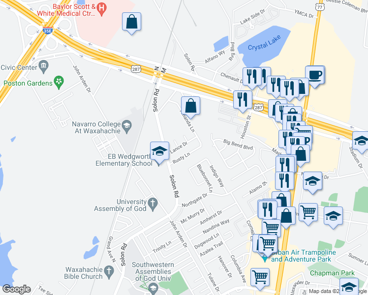 map of restaurants, bars, coffee shops, grocery stores, and more near 128 Lance Drive in Waxahachie