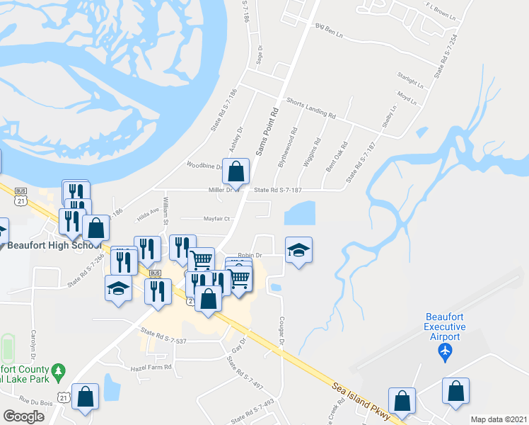 map of restaurants, bars, coffee shops, grocery stores, and more near 16 Oakwood Drive in Beaufort