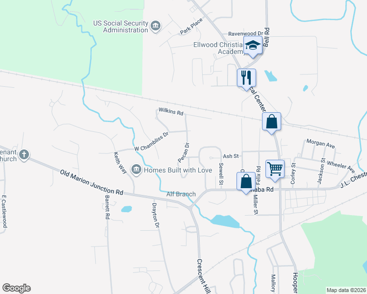 map of restaurants, bars, coffee shops, grocery stores, and more near 1 Pecan Drive in Selma