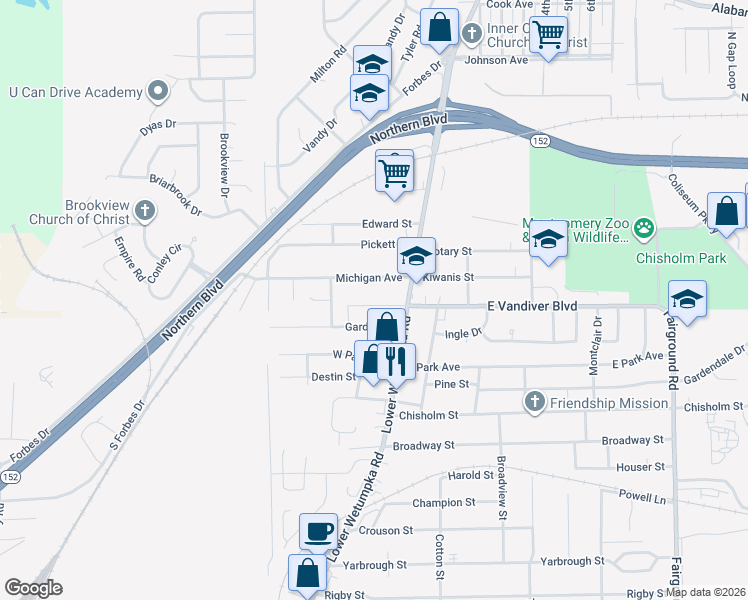 map of restaurants, bars, coffee shops, grocery stores, and more near 48 West Vandiver Boulevard in Montgomery