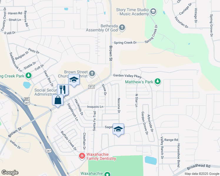 map of restaurants, bars, coffee shops, grocery stores, and more near 202 Sendero Drive in Waxahachie