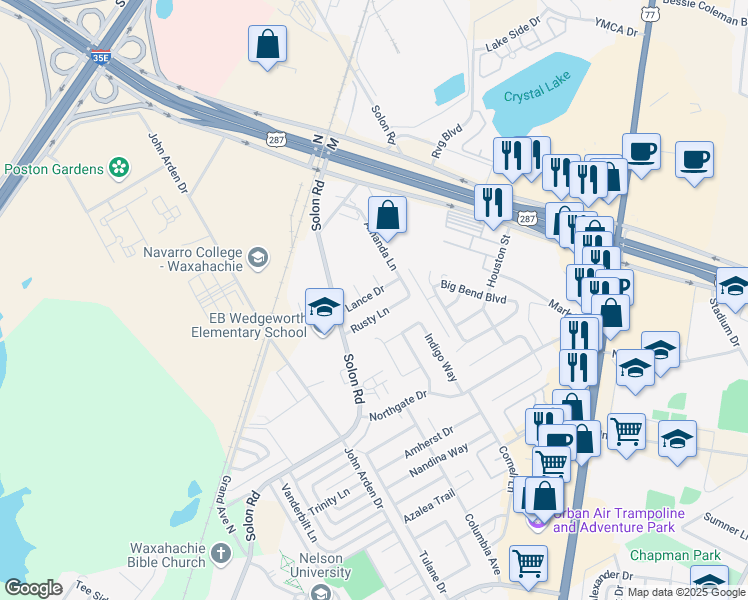 map of restaurants, bars, coffee shops, grocery stores, and more near 136 Lance Drive in Waxahachie