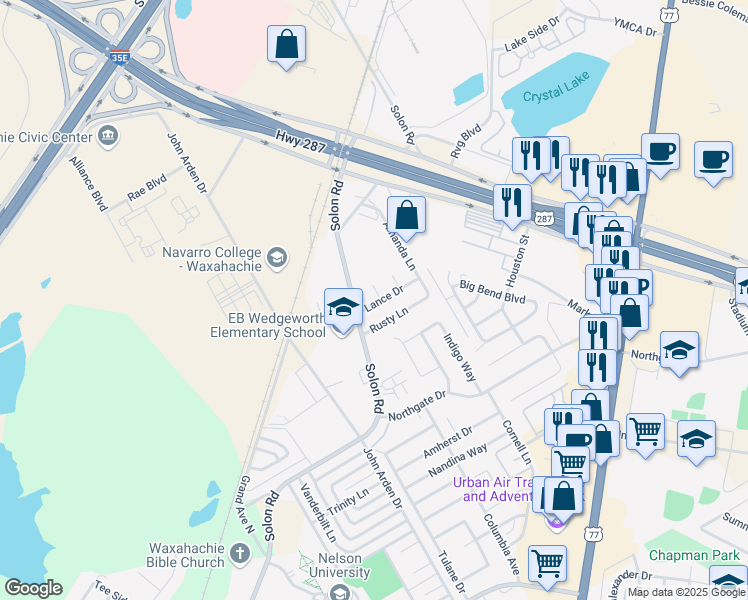 map of restaurants, bars, coffee shops, grocery stores, and more near 103 Misty Court in Waxahachie