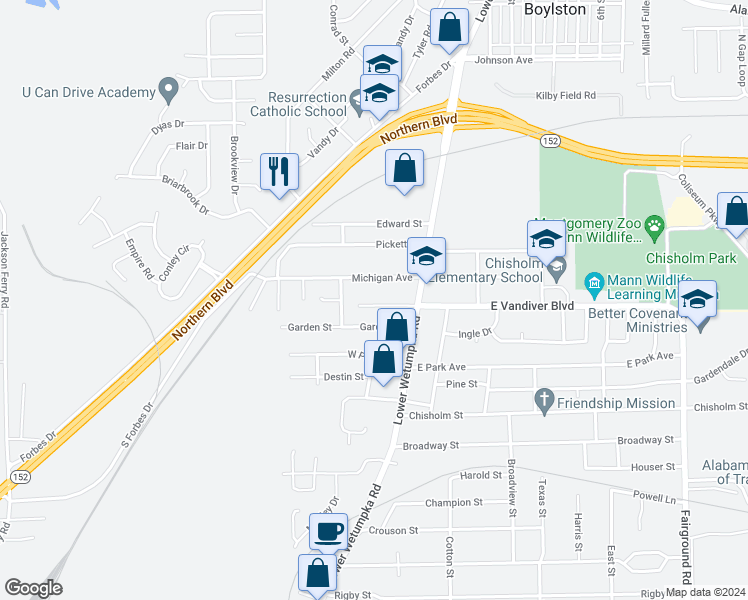 map of restaurants, bars, coffee shops, grocery stores, and more near 42 West Vandiver Boulevard in Montgomery