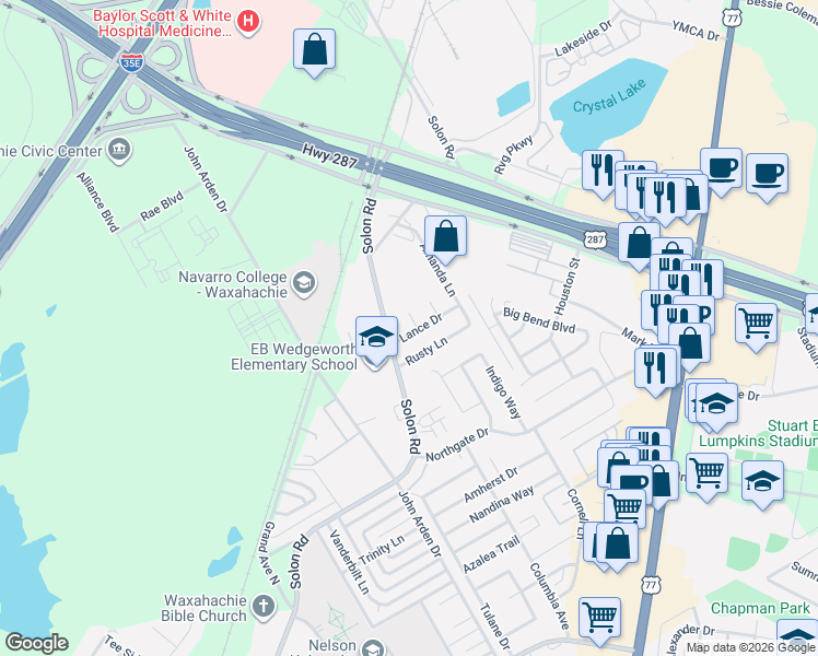 map of restaurants, bars, coffee shops, grocery stores, and more near 103 Misty Court in Waxahachie