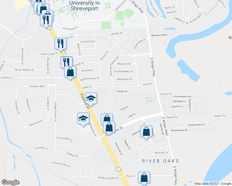 map of restaurants, bars, coffee shops, grocery stores, and more near 9501 Balsa Drive in Shreveport