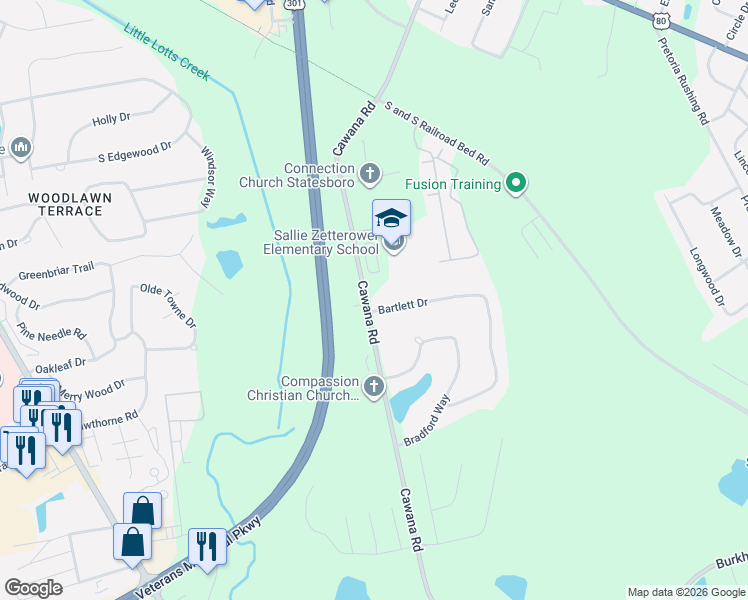 map of restaurants, bars, coffee shops, grocery stores, and more near 1155 Bartlett Drive in Statesboro