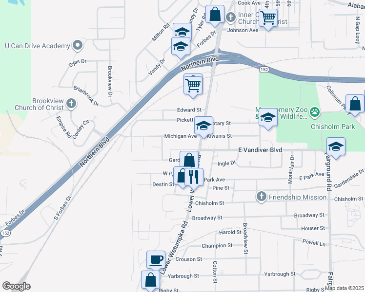 map of restaurants, bars, coffee shops, grocery stores, and more near 48 West Vandiver Boulevard in Montgomery