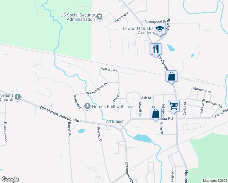 map of restaurants, bars, coffee shops, grocery stores, and more near 1 Pecan Drive in Selma