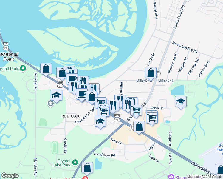 map of restaurants, bars, coffee shops, grocery stores, and more near 48 Sunset Boulevard in Beaufort