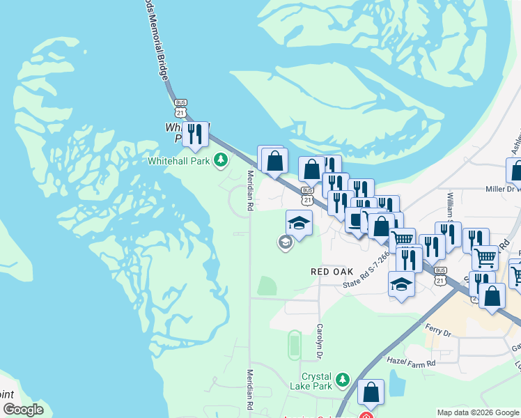 map of restaurants, bars, coffee shops, grocery stores, and more near 21 Meridian Road in Beaufort