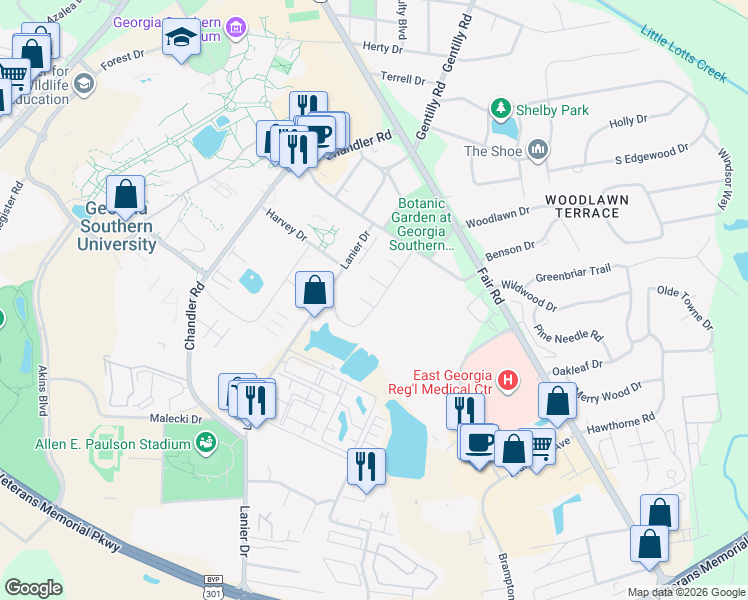 map of restaurants, bars, coffee shops, grocery stores, and more near 16b University Place in Statesboro