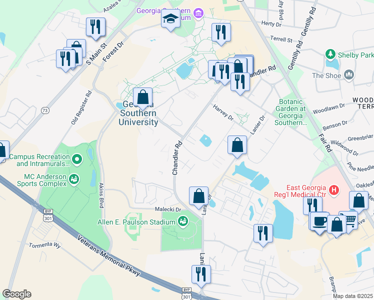 map of restaurants, bars, coffee shops, grocery stores, and more near 403 Knight Drive in Statesboro