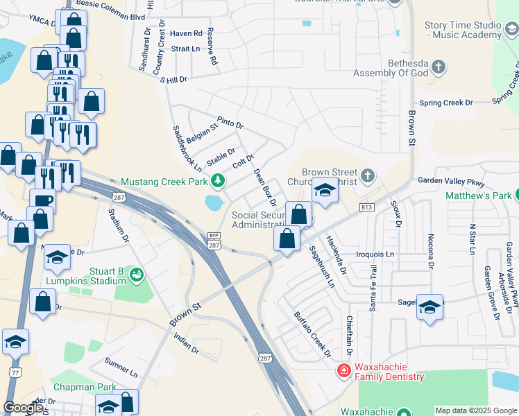 map of restaurants, bars, coffee shops, grocery stores, and more near 210 Blue Roan Drive in Waxahachie