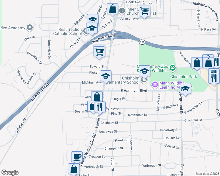 map of restaurants, bars, coffee shops, grocery stores, and more near 3 East Vandiver Boulevard in Montgomery