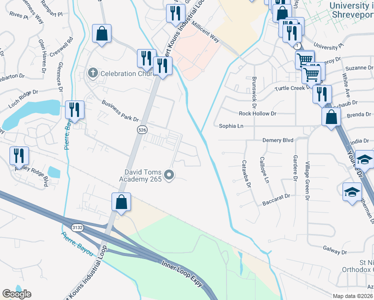 map of restaurants, bars, coffee shops, grocery stores, and more near 8891 Sugarland Drive in Shreveport