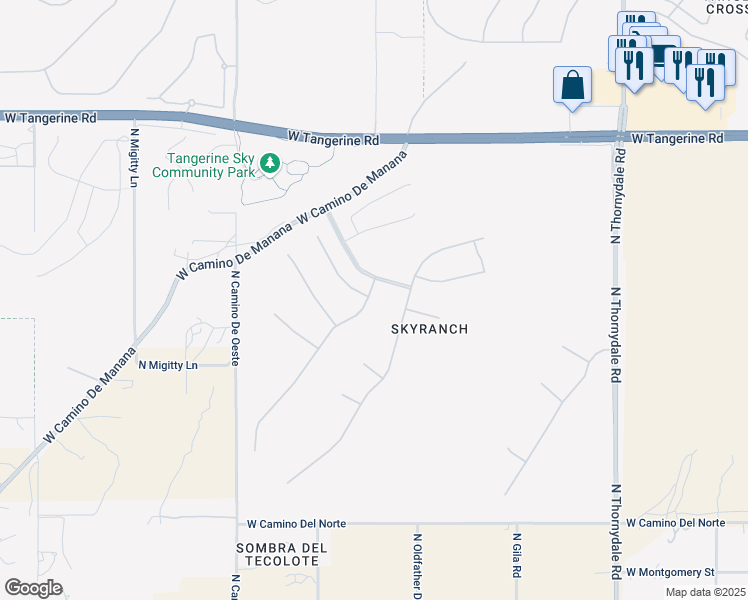 map of restaurants, bars, coffee shops, grocery stores, and more near 11678 North Moon Ranch Place in Marana