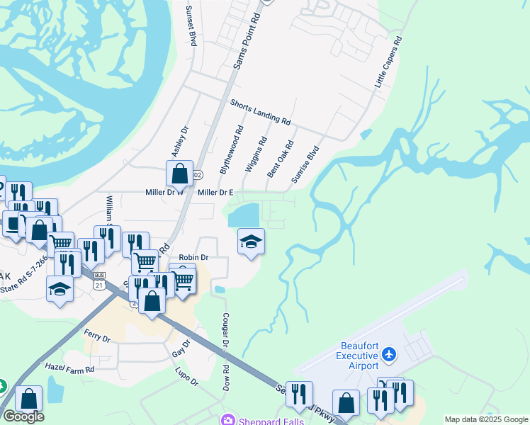 map of restaurants, bars, coffee shops, grocery stores, and more near 44 Miller Drive East in Beaufort