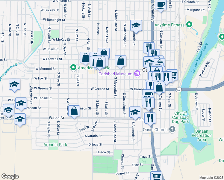 map of restaurants, bars, coffee shops, grocery stores, and more near 707 West Greene Street in Carlsbad