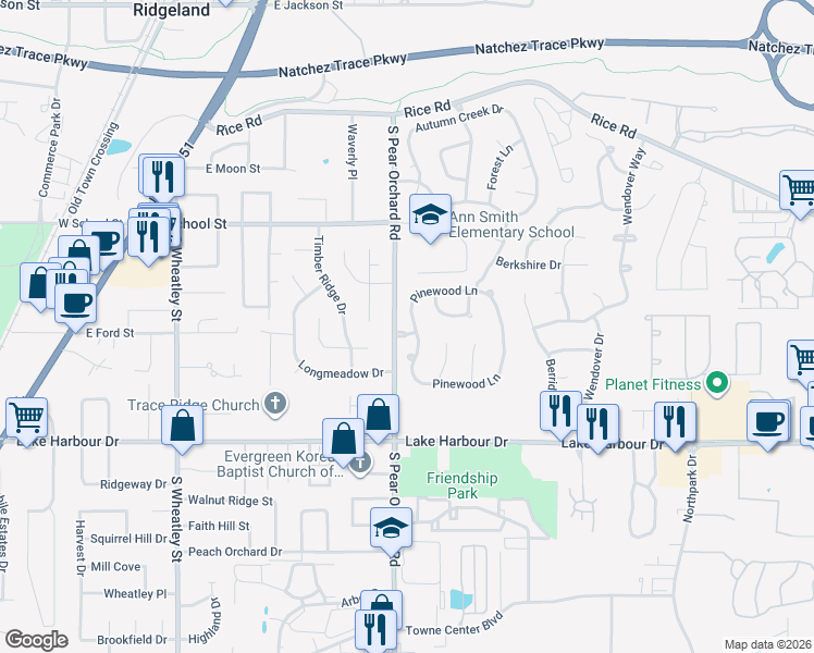 map of restaurants, bars, coffee shops, grocery stores, and more near 303 Pinewood Ln in Ridgeland