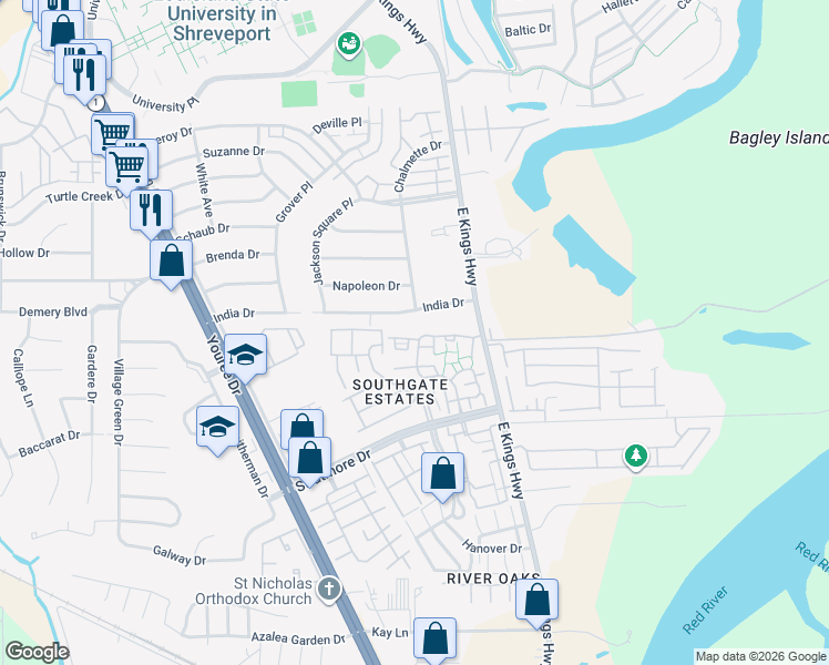 map of restaurants, bars, coffee shops, grocery stores, and more near 206 Settlers Park Drive in Shreveport