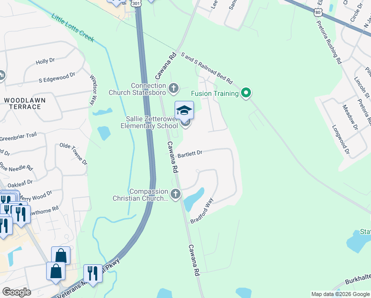 map of restaurants, bars, coffee shops, grocery stores, and more near 1155 Bartlett Drive in Statesboro