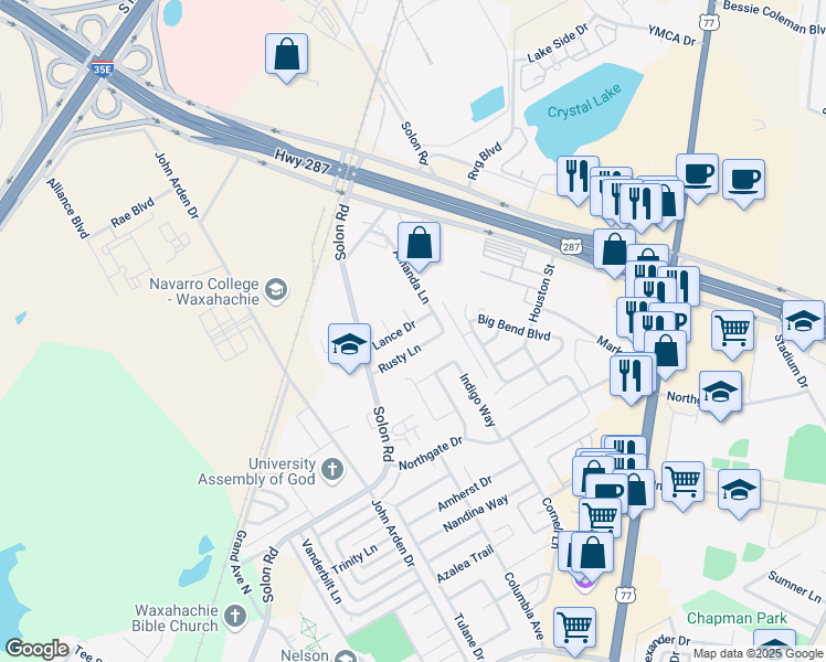 map of restaurants, bars, coffee shops, grocery stores, and more near 136 Lance Drive in Waxahachie