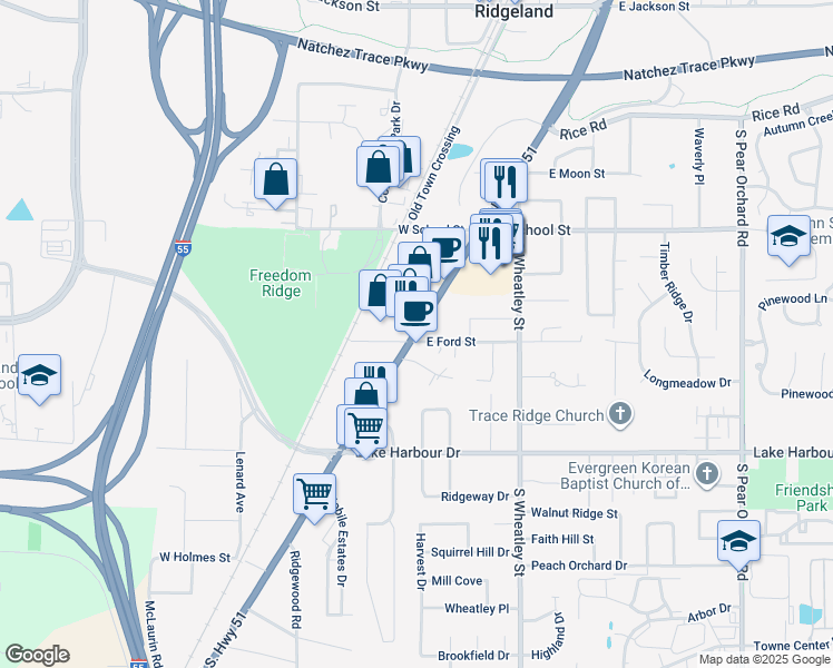map of restaurants, bars, coffee shops, grocery stores, and more near 110 East Ford Street in Ridgeland