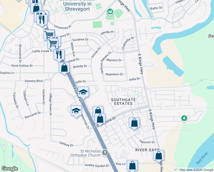 map of restaurants, bars, coffee shops, grocery stores, and more near 9501 Balsa Drive in Shreveport