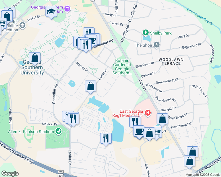 map of restaurants, bars, coffee shops, grocery stores, and more near 16b University Place in Statesboro