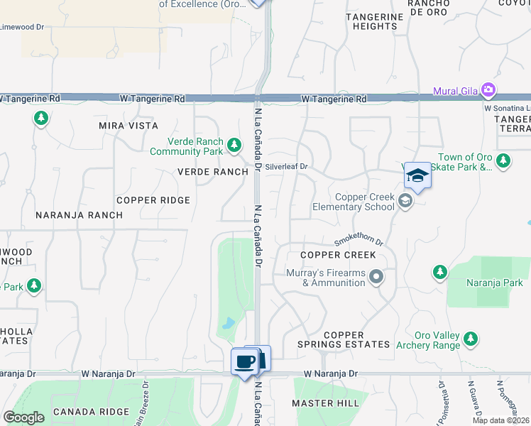 map of restaurants, bars, coffee shops, grocery stores, and more near 1383 Sundial Place in Oro Valley