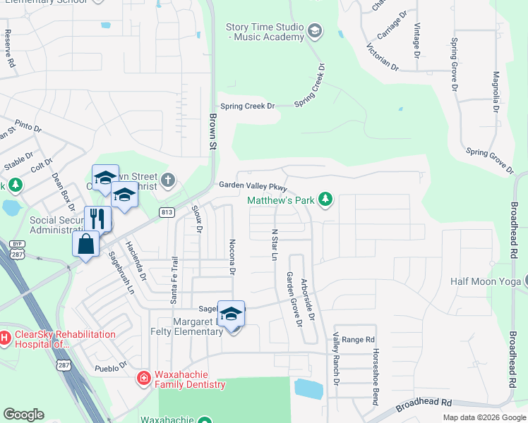 map of restaurants, bars, coffee shops, grocery stores, and more near 416 Mulberry Lane in Waxahachie