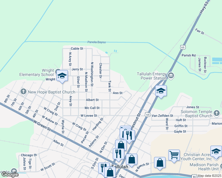map of restaurants, bars, coffee shops, grocery stores, and more near 708 Tank Street in Tallulah