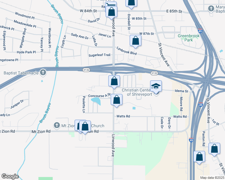 map of restaurants, bars, coffee shops, grocery stores, and more near 9100-9116 Linwood Avenue in Shreveport
