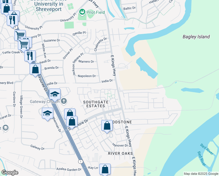 map of restaurants, bars, coffee shops, grocery stores, and more near 13 Chimney Stone Way in Shreveport