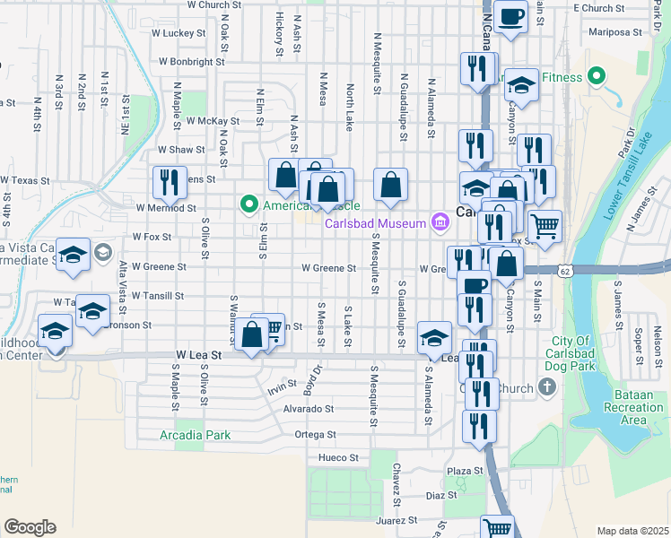 map of restaurants, bars, coffee shops, grocery stores, and more near 851 West Greene Street in Carlsbad