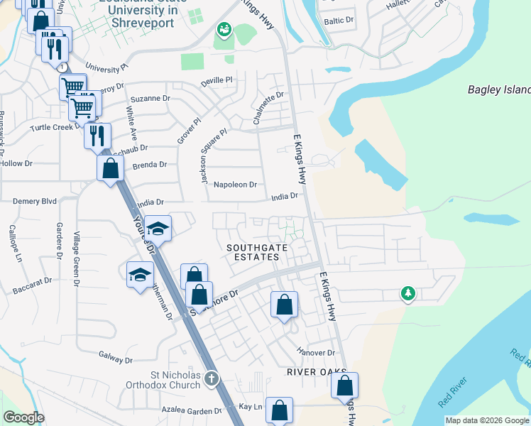 map of restaurants, bars, coffee shops, grocery stores, and more near 206 Settlers Park Drive in Shreveport