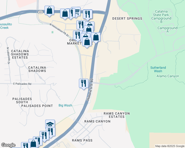 map of restaurants, bars, coffee shops, grocery stores, and more near 11514 North Oracle Road in Tucson