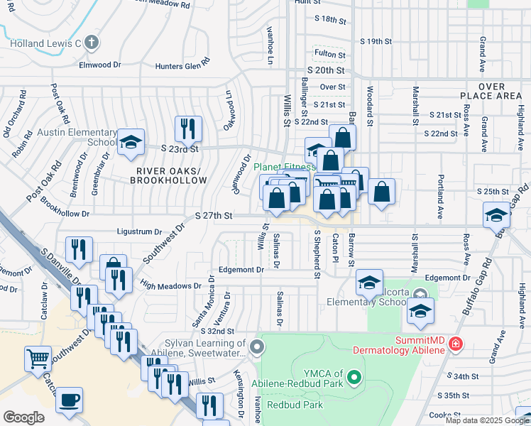 map of restaurants, bars, coffee shops, grocery stores, and more near 3302 South 27th Street in Abilene