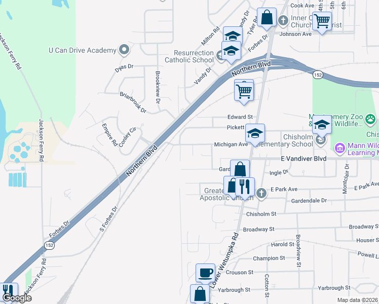 map of restaurants, bars, coffee shops, grocery stores, and more near 3115 Lucian Lane in Montgomery