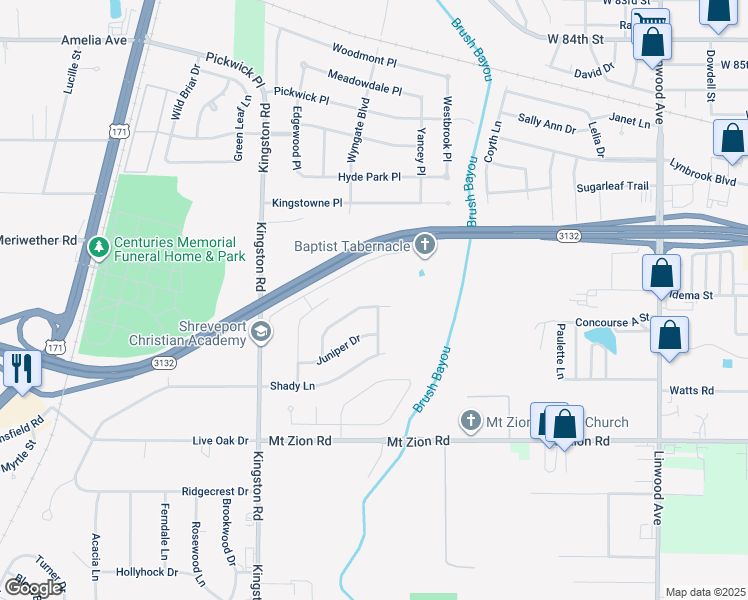 map of restaurants, bars, coffee shops, grocery stores, and more near 1604 Applewood Drive in Shreveport