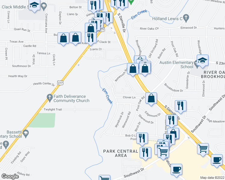 map of restaurants, bars, coffee shops, grocery stores, and more near 2701 Nonesuch Road in Abilene