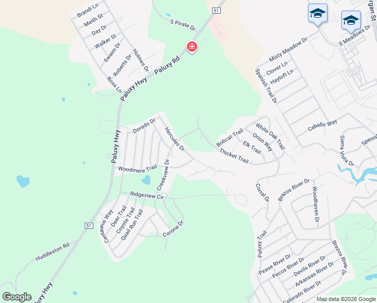 map of restaurants, bars, coffee shops, grocery stores, and more near 2315 Hercules Drive in Granbury