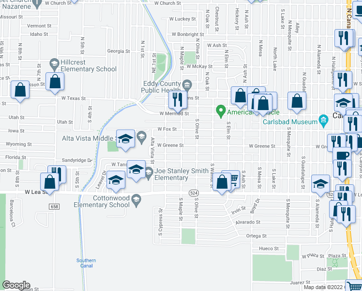 map of restaurants, bars, coffee shops, grocery stores, and more near 301 South Maple Street in Carlsbad